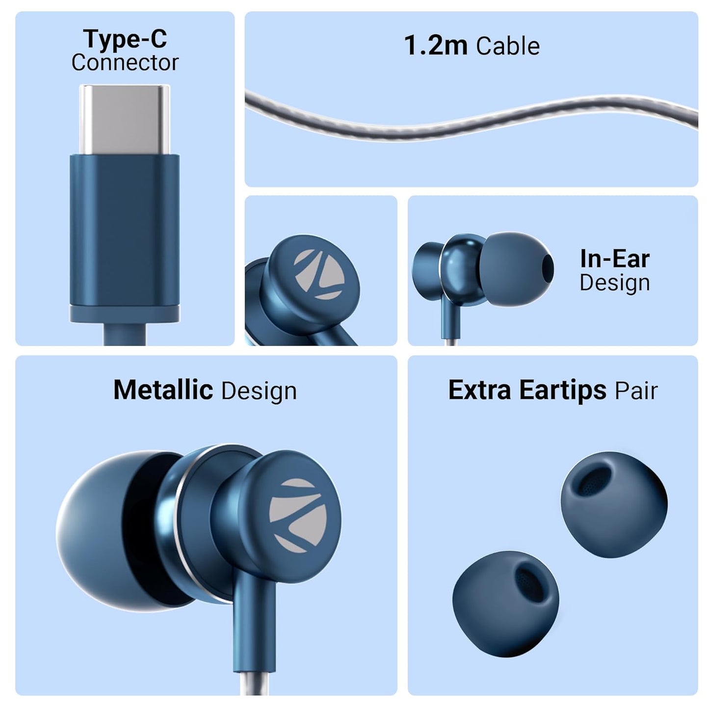 ZEBRONICS BUDS C10 in-Ear Type-C Earphone with in-line Mic, Metallic Design, Volume Control, 1.2m Cable, 10mm Driver, (Dark Blue)