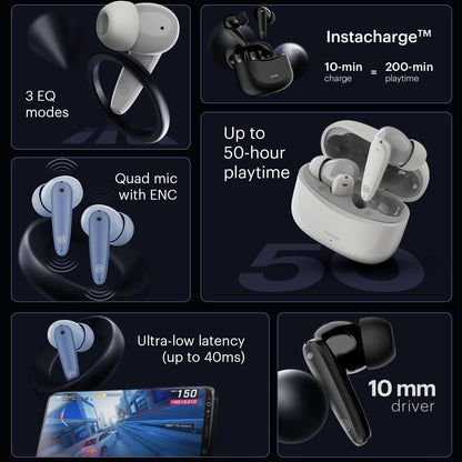 Noise Buds VS106 Truly Wireless in-Ear Earbuds with 50H Playtime, Quad Mic with ENC, Instacharge(10 min=200 min),Ultra-Low Latency(up to 40ms), 10mm Driver, and BT v5.3 (Cloud White)