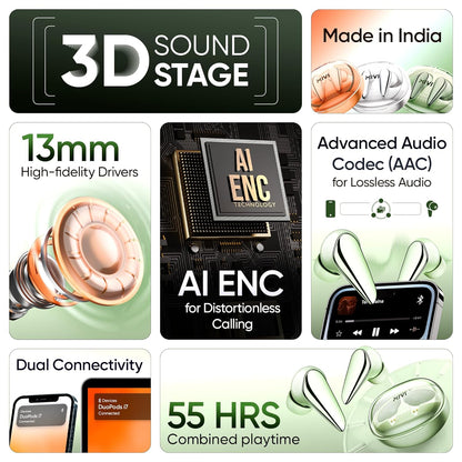 Mivi DuoPods i7 Earbuds - Step into The 3rd Dimension of Sound with 3D Soundstage, High Fidelity Drivers, Advanced Audio Codec for Lossless Audio, etc.