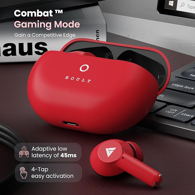 Boult Audio K45 with Quad Mic ENC, 50H Battery Life, Low Latency Gaming, Made in India, v5.3 Bluetooth Headset, True Wireless, Berry Red