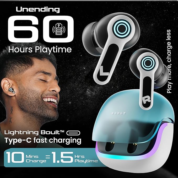 Boult Audio Z40 Gaming in Ear Earbuds with 60H Playtime, Dual Device Pairing, Built-in App Support, 40ms Ultra Low Latency, Quad Mic ENC, RGB LEDs, Bluetooth 5.4, IPX5 Ear Buds TWS (Electric White)