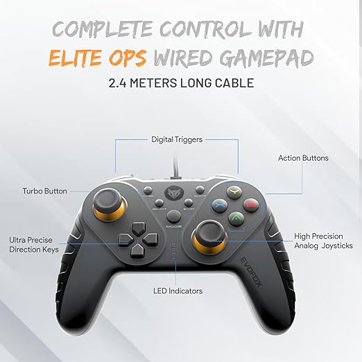 EvoFox Elite Ops Wired Gamepad for PC, Android TV and PS3 with 2.4m Long Cable | Dual Vibration Rumble Motors | Zero Lag Connectivity with Plug and Play functionality |2.4m Long Cable, X-Input & D-Input | Black