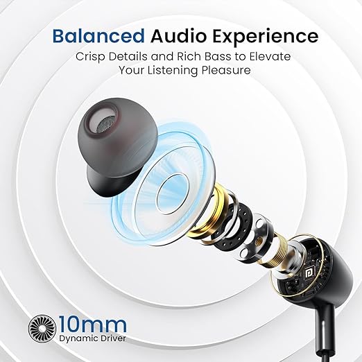 Portronics Harmonics Z10 in Ear Bluetooth Headphone with Mic, 35Hour Playtime,10mm Driver, Magnetic Earbuds, Voice Assistant, Bluetooth 5.3V, IPX4 Water/Sweat Resistance, Type C Fast Charging(Black)