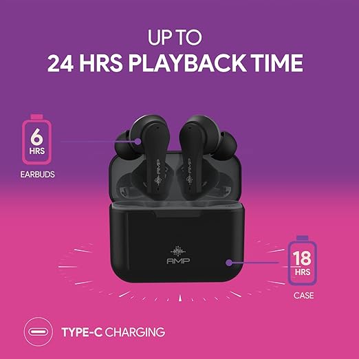 AMKETTE Amp AirBudz x25 Bluetooth Truly Wireless in Ear Earbuds with Mic, Amp Quick Sync Tech, and up to 24 Hrs Playback Time (Black)