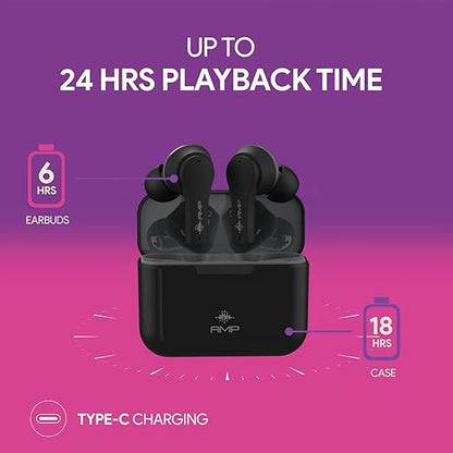 AMKETTE Amp AirBudz x25 Bluetooth Truly Wireless in Ear Earbuds with Mic, Amp Quick Sync Tech, and up to 24 Hrs Playback Time (Black)