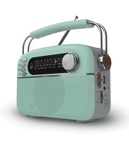 iGear Evoke Retro Modern style Radio and MP3 player with FM/AM/SW, 3 bands, Bluetooth, USB, TF/SD Card, 1200mAh rechargeable battery, Solar charger, Material ABS and Metal, Colour Pearl Blue and Silver, 1 Year Free replacement warranty.