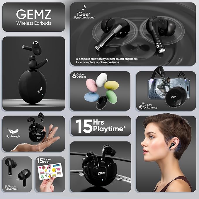 iGear Gemz Wireless Earbuds: 15 Hours Playtime, HiFi Bass, Instant Pairing, Touch Controls, Voice Assistance