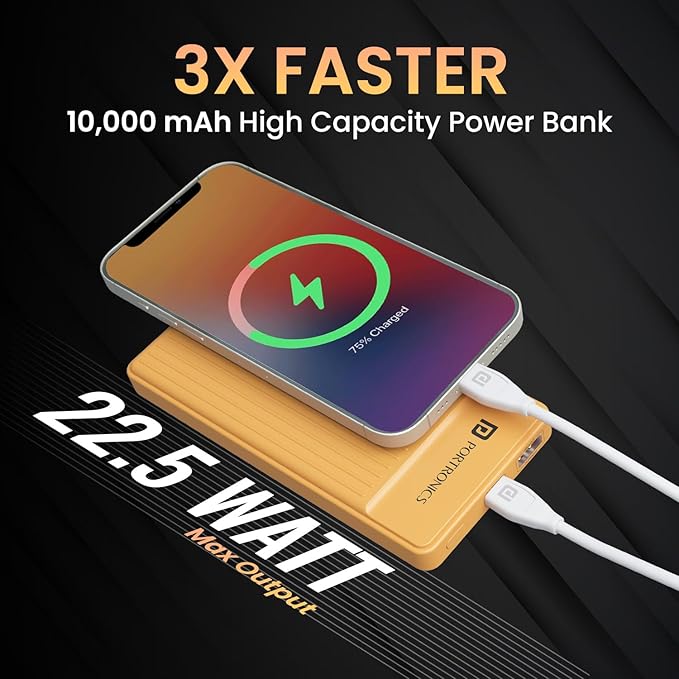 Portronics Luxcell B 10K 10000 mAh 22.5W Fast Charging Power Bank, Ultra Slim Power Bank with Mach USB-A Output, Type C PD Output, Type C Input, Wake Up Button(Yellow)