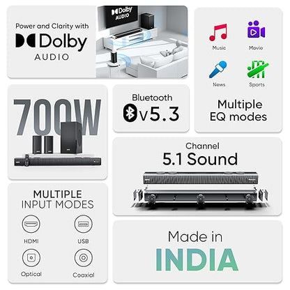 Mivi Fort Q700D Dolby Home Audio | 700W Sound bar, 5.1 Channel Home Theatre, 8-inch subwoofer, 2 Satellite Speakers, 4 Unique Input and 5 EQ Modes, LED Display, Remote Control