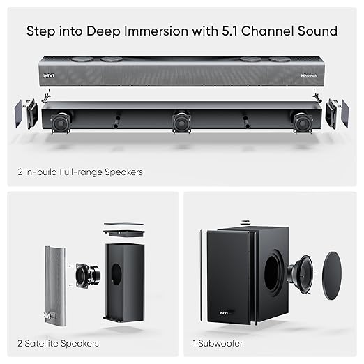 Mivi Fort Q700D Dolby Home Audio | 700W Sound bar, 5.1 Channel Home Theatre, 8-inch subwoofer, 2 Satellite Speakers, 4 Unique Input and 5 EQ Modes, LED Display, Remote Control