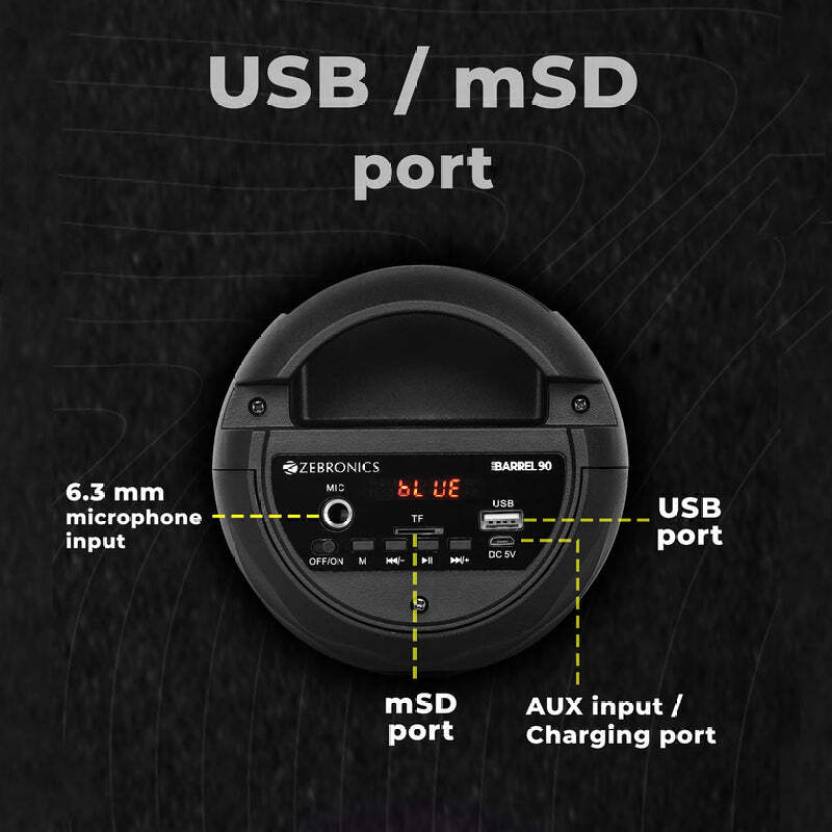 ZEBRONICS Barrel 90 Bluetooth Speaker BT v5.0 16.51cm Full-Range Driver RGB Lights Mobile Holder USB MicroSD AUX FM Radio