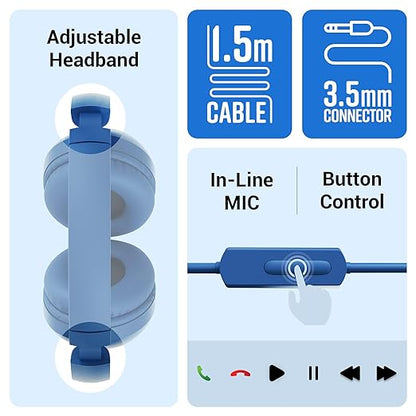 Zebronics BOOM Wired Headphone, Over Ear, in-Line MIC, Foldable, 1.5 meter Cable, for 3.5mm (Mobile | Tablet | Laptop | MAC), Soft Cushion, 40mm Drivers (Blue)