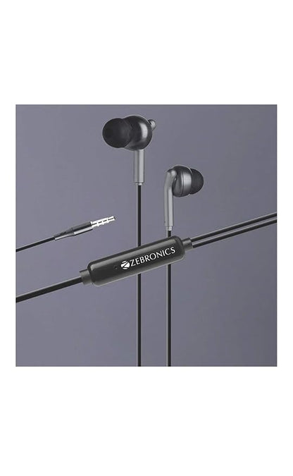 Zebronics Zeb-BRO+ in Ear Wired Earphone with Mic, 3.5mm Jack 1.2meter Cable, Multi Function Button 14mm Driver