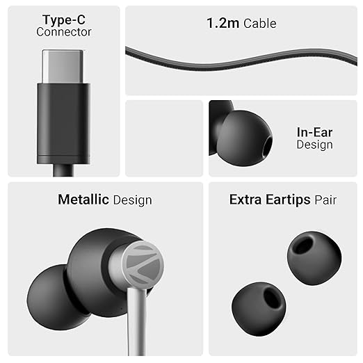 ZEBRONICS BUDS 50C in-Ear Type-C Earphone with in-line Mic, Metallic Design, Volume Control, 1.2m Cable, 14mm Driver